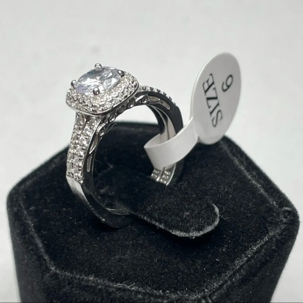 925 Sterling Silver Diamond 2 Band Ring‎ Set Sz 6